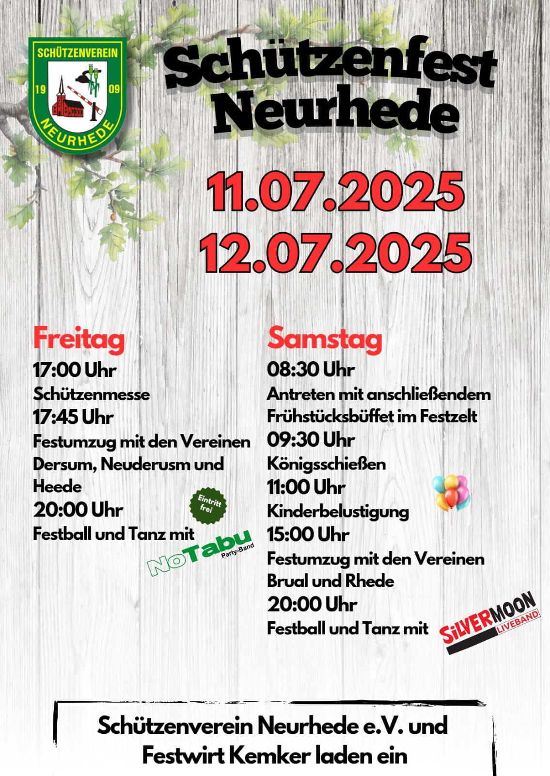 Programm Schützenfest 2025 Schützenverein Neurhede e.V.